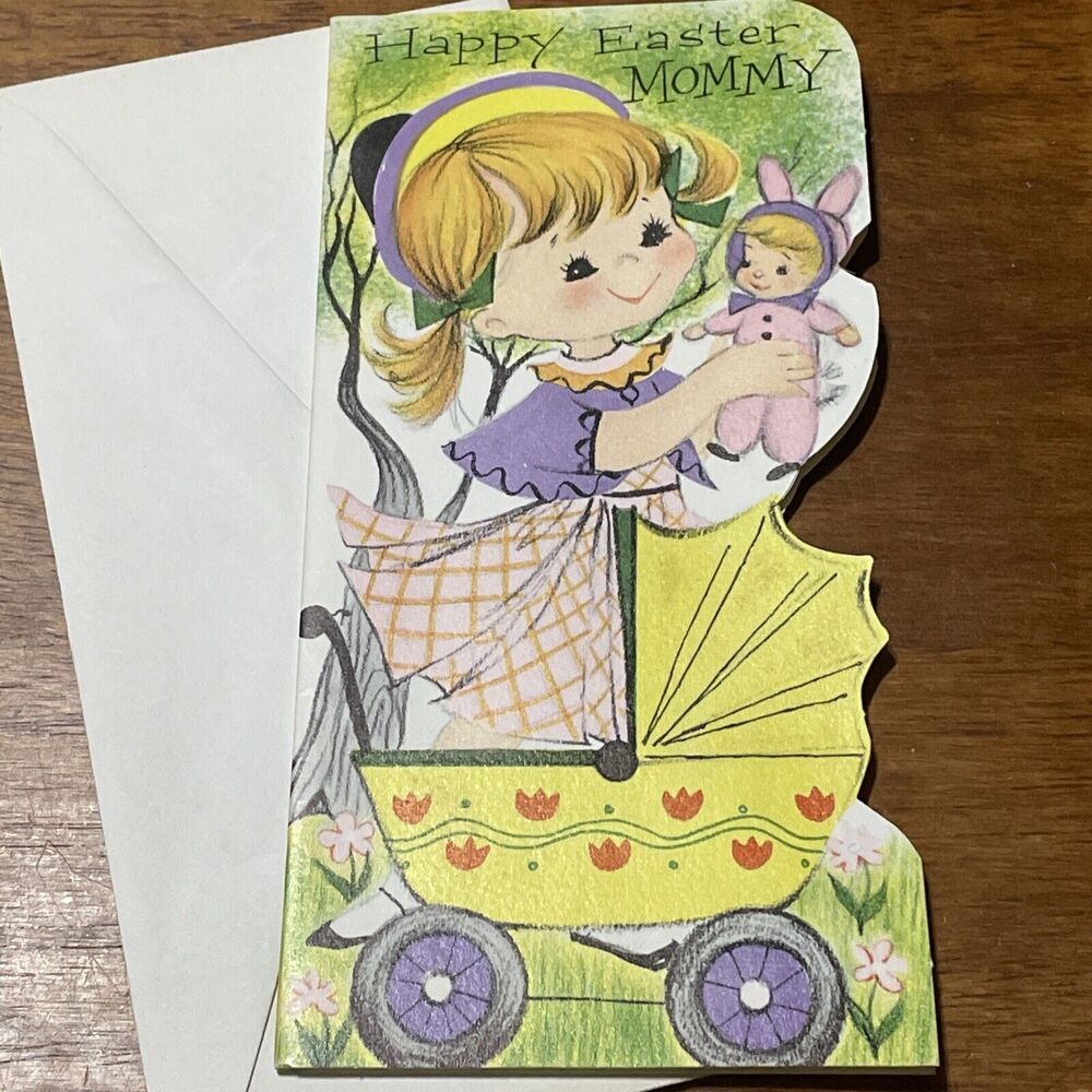 Vtg Stanley Easter Greeting Card Mommy Die Cut Dolly Carriage